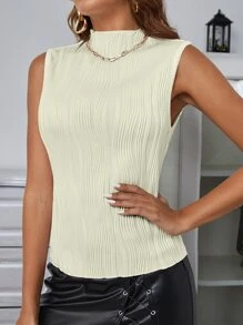 SHEIN Essnce 素色小高領背心上衣 - 米色 - 查看 4