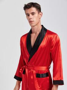 Hombres Bata de dormir ribete en contraste con cinturón de satén - Rojo - Ver 3
