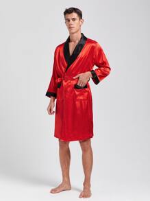 Hombres Bata de dormir ribete en contraste con cinturón de satén - Rojo - Ver 4