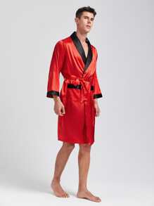 Hombres Bata de dormir ribete en contraste con cinturón de satén - Rojo - Ver 5