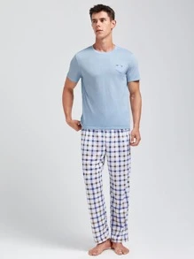 Men Plaid Tee & Trousers PJ Set - Teal Blue - View 1