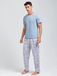 Men Plaid Tee & Trousers PJ Set - Teal Blue - View 3