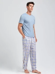Men Plaid Tee & Trousers PJ Set - Teal Blue - View 4