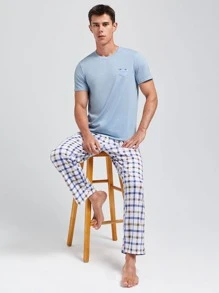 Men Plaid Tee & Trousers PJ Set - Teal Blue - View 5