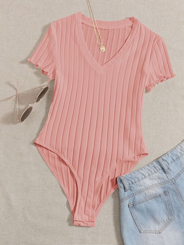SHEIN Frenchy BODY GOLA V MANGA CURTA CANELADO