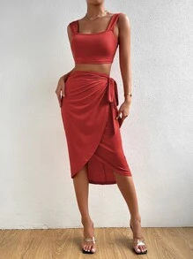 SHEIN Privé Áo ba lỗ liền thân & Chân váy thắt nút bên hông - Màu Cam cháy - Xem 5