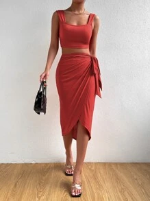 SHEIN Privé Áo ba lỗ liền thân & Chân váy thắt nút bên hông - Màu Cam cháy - Xem 7