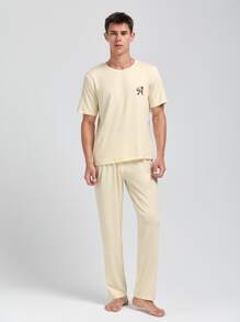 Hombres Conjunto de pijama con estampado de letra - Beis - Ver 1