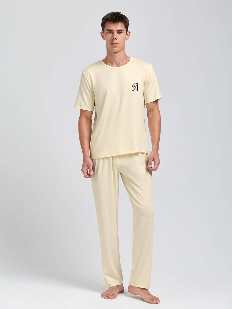 Hombres Conjunto de pijama con estampado de letra - Beis - Ver 1