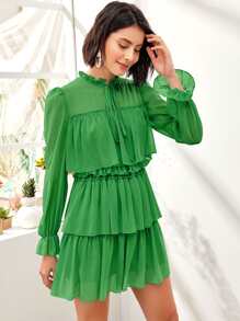 SHEIN Privé Vestido a capas ribete fruncido de cuello con cordón - Verde - Ver 6
