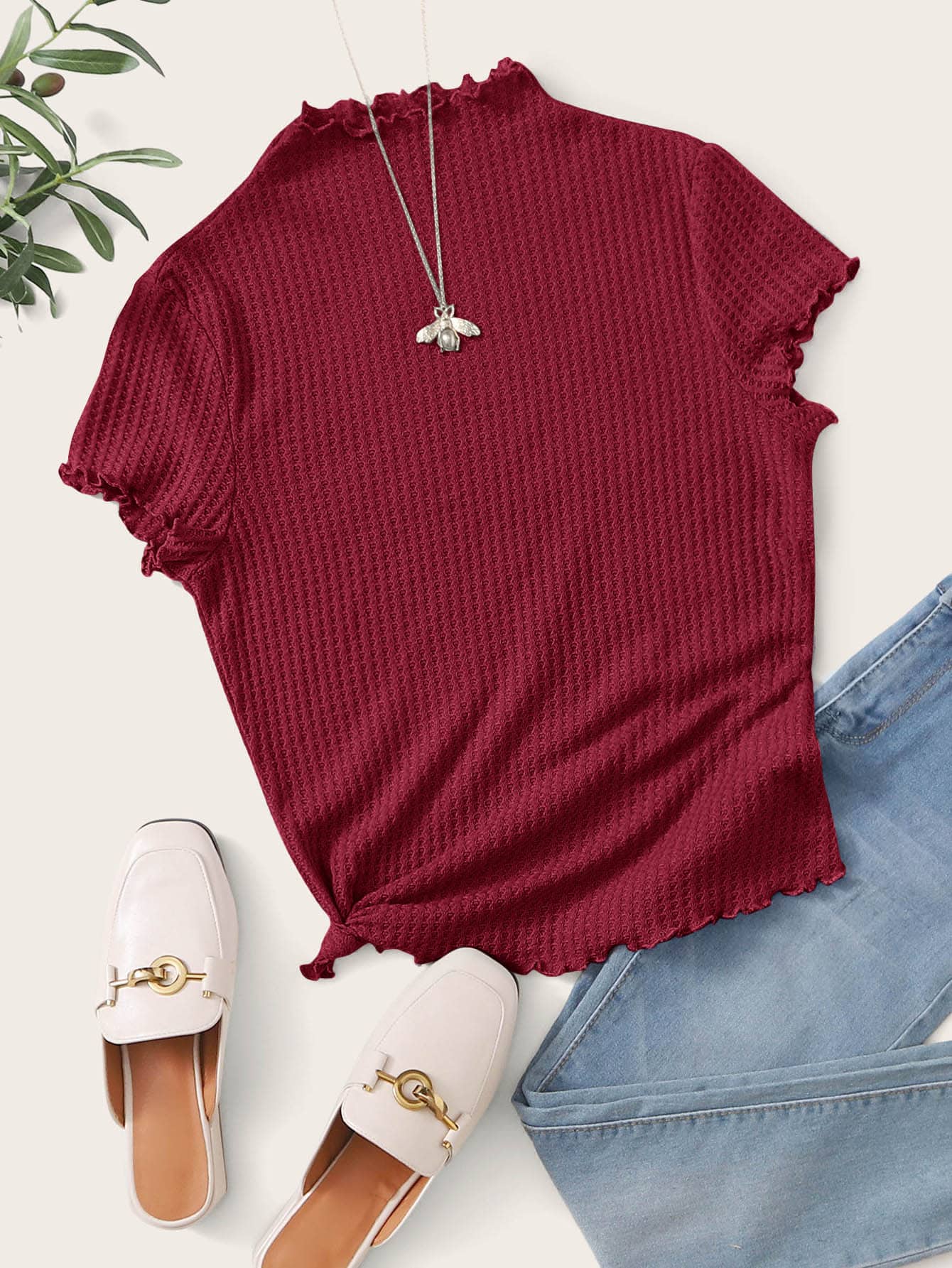 SHEIN Privé 小高領生菜邊紋理t恤 - 酒紅色 - 查看 1