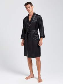 Men Striped Jacquard Contrast Piping Belted Satin Sleep Robe - Black - View 1