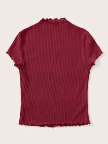 SHEIN Privé 小高領生菜邊紋理t恤 - 酒紅色 - 查看 2