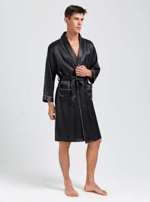 Men Striped Jacquard Contrast Piping Belted Satin Sleep Robe - Black - View 4