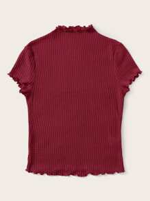 SHEIN Privé 小高領生菜邊紋理t恤 - 酒紅色 - 查看 3