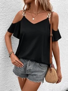 SHEIN LUNE Chain Detail Cold Shoulder Tee - Black - View 4