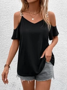 SHEIN LUNE Chain Detail Cold Shoulder Tee - Black - View 5