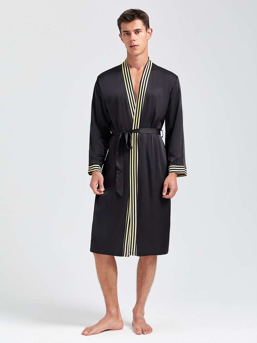 Men Striped Trim Belted Satin Sleep Robe - Black - View 1