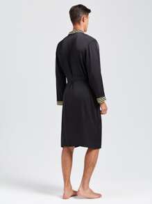 Men Striped Trim Belted Satin Sleep Robe - Black - View 2