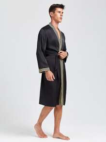 Men Striped Trim Belted Satin Sleep Robe - Black - View 3