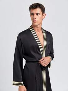 Men Striped Trim Belted Satin Sleep Robe - Black - View 4