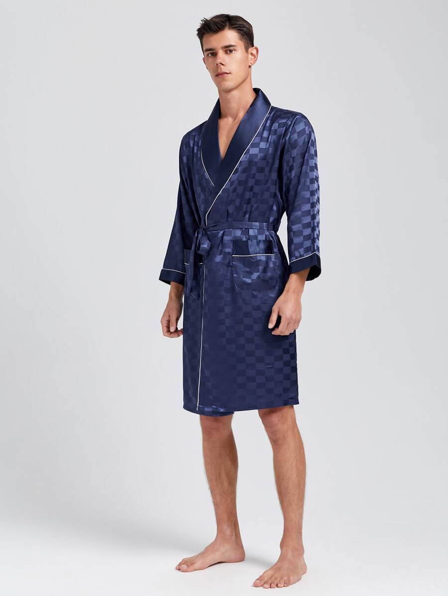 Men Contrast Binding Satin Robe With Belt - Navy Blue - View 1