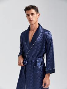 Men Contrast Binding Satin Robe With Belt - Navy Blue - View 4