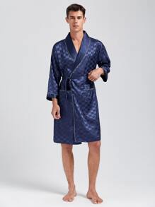 Men Contrast Binding Satin Robe With Belt - Navy Blue - View 5