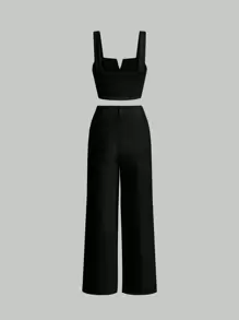 SHEIN MOD Notched Neck Crop Cami Top & Trousers - Black - View 2