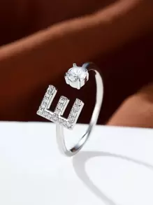 水鑽字母裝飾袖口戒指熱門時尚AZ字母戒指首字母戒指結婚愛情戒指伴娘禮物情侶戒指 - 銀色 - 查看 1