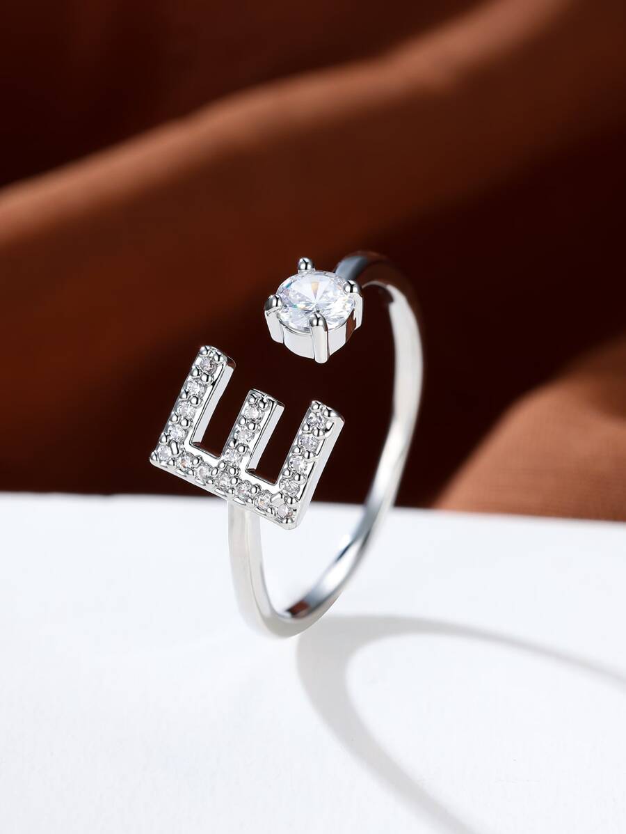 水鑽字母裝飾袖口戒指熱門時尚AZ字母戒指首字母戒指結婚愛情戒指伴娘禮物情侶戒指 - 銀色 - 查看 1