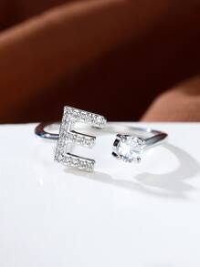 水鑽字母裝飾袖口戒指熱門時尚AZ字母戒指首字母戒指結婚愛情戒指伴娘禮物情侶戒指 - 銀色 - 查看 2