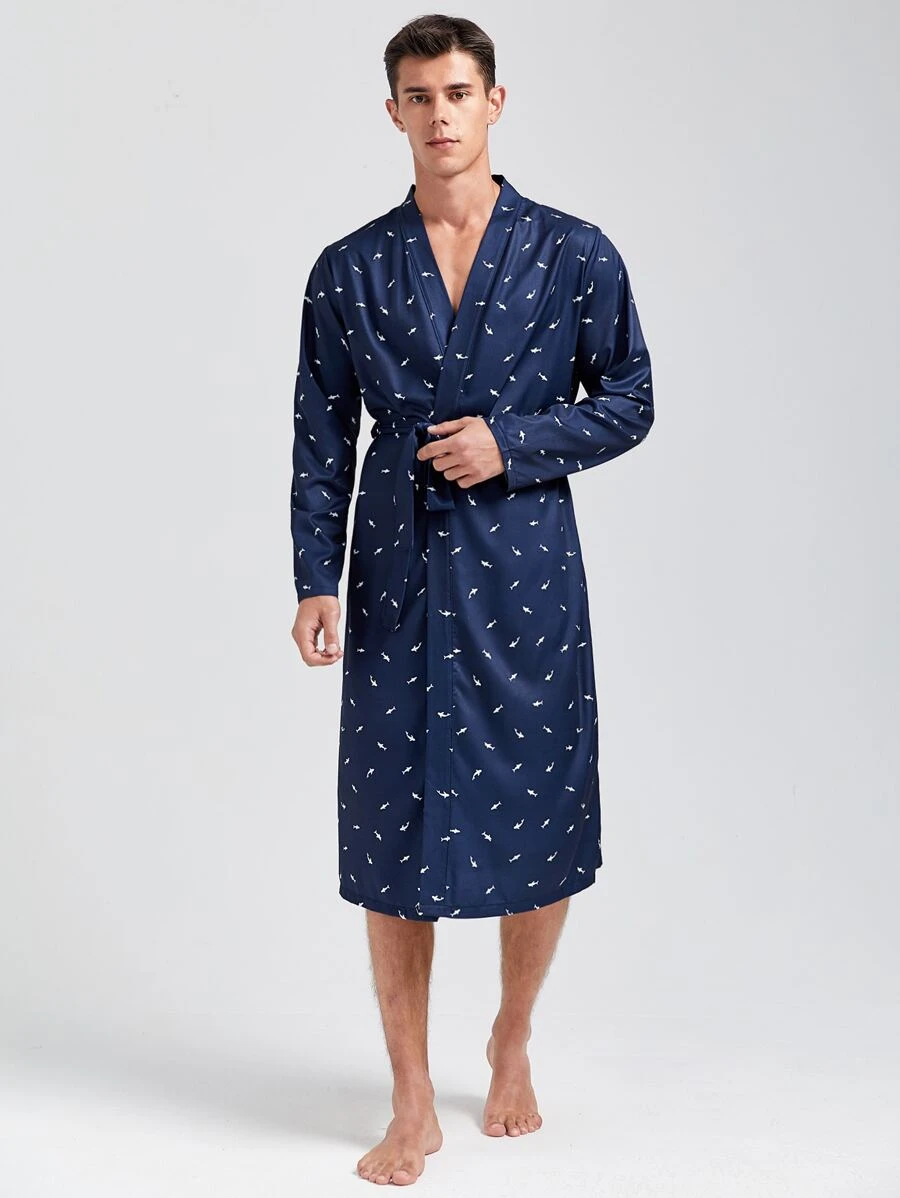 Hombres Bata con cinturón con estampado