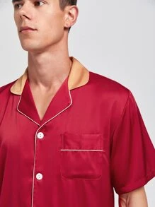 Hombres Conjunto de pijama ribete en contraste - Rojo - Ver 3