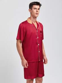 Hombres Conjunto de pijama ribete en contraste - Rojo - Ver 5