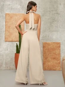 SHEIN VCAY Cross Halter Solid Jumpsuit - Beige - View 2