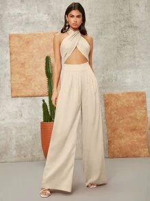 SHEIN VCAY Cross Halter Solid Jumpsuit - Beige - View 4