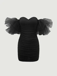 SHEIN MOD 一字肩誇張荷葉邊褶邊網紗緊身洋裝 - 黑色 - 查看 2