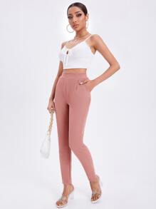 SHEIN Essnce Pantalones pitillo con bolsillo diagonal sólido - Rosa vieja - Ver 4