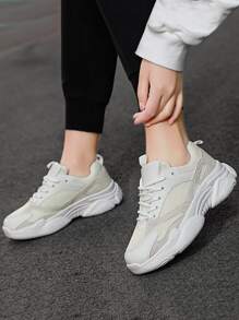 Minimalist Lace-up Front Chunky Sneakers - White - View 1
