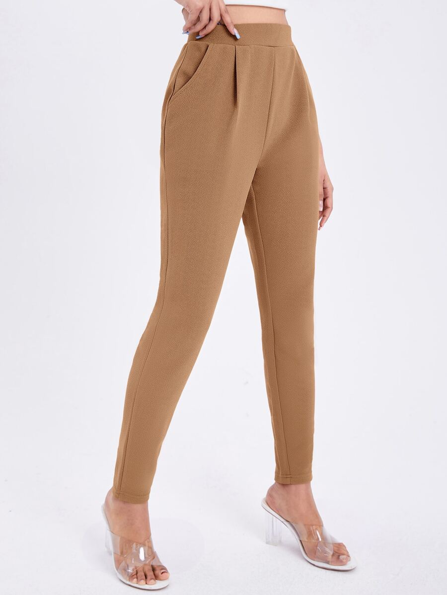 SHEIN Essnce 素色斜口袋緊身褲 - 棕色 - 查看 1