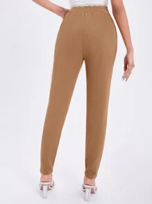 SHEIN Essnce 素色斜口袋緊身褲 - 棕色 - 查看 2
