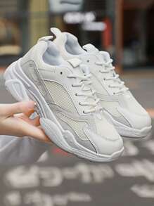 Minimalist Lace-up Front Chunky Sneakers - White - View 5