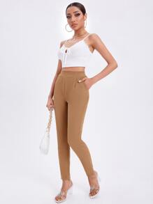 SHEIN Essnce 素色斜口袋緊身褲 - 棕色 - 查看 3