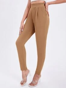 SHEIN Essnce 素色斜口袋緊身褲 - 棕色 - 查看 4