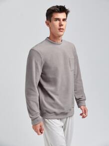 Hombres Top homewear con parche con bolsillo cuello alzado de franela - Gris - Ver 4