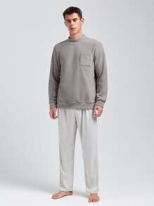 Hombres Top homewear con parche con bolsillo cuello alzado de franela - Gris - Ver 6