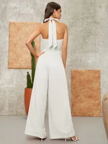 SHEIN VCAY Cross Halter Solid Jumpsuit - White - View 2