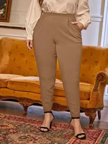 SHEIN Essnce 大碼褶皺斜口袋長褲 - 駝色 - 查看 6