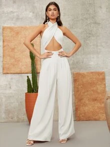 SHEIN VCAY Cross Halter Solid Jumpsuit - White - View 5